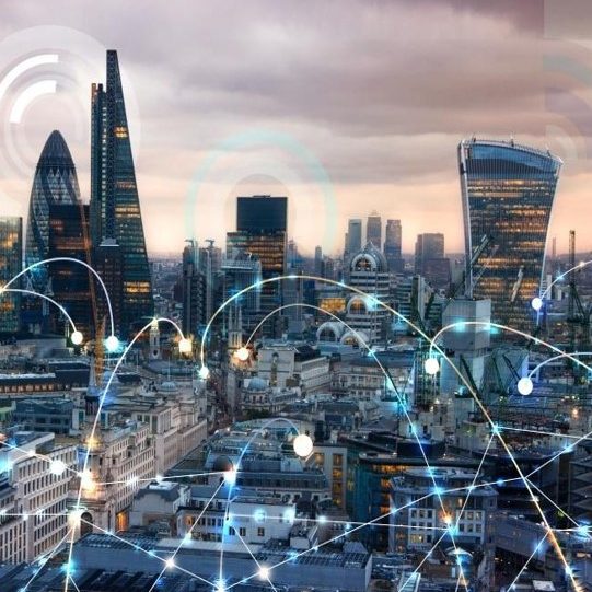 City of London London city with digital network overlays against a cloudy sky.